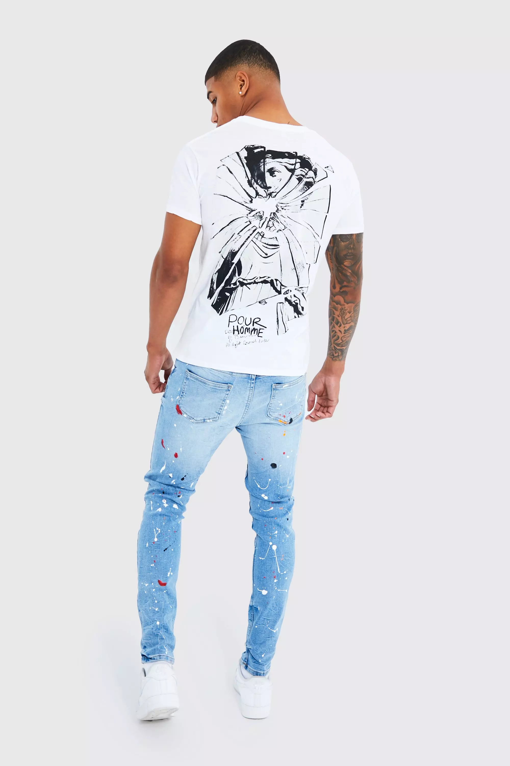 Skinny Paint Splatter Busted Knee Jeans | boohooMAN UK
